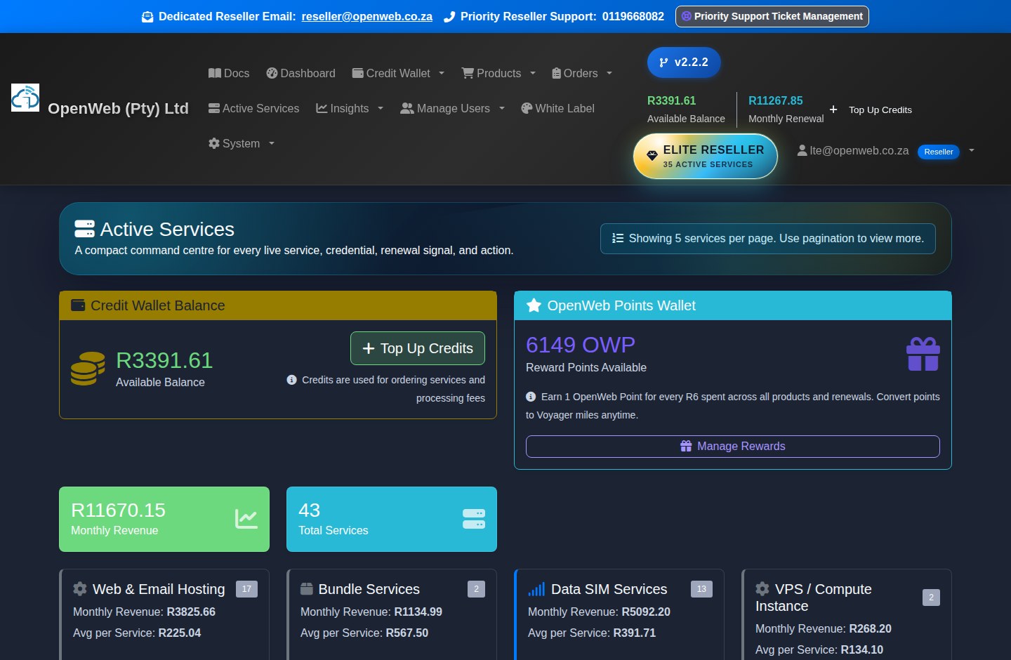Current OpenWeb reseller panel screenshot: Active services management