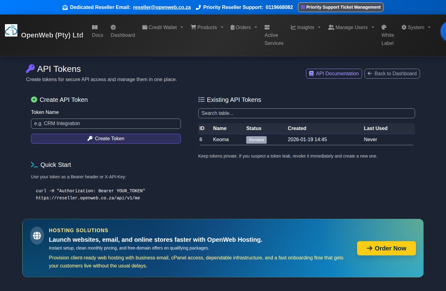Current OpenWeb reseller panel screenshot: API tokens and API docs