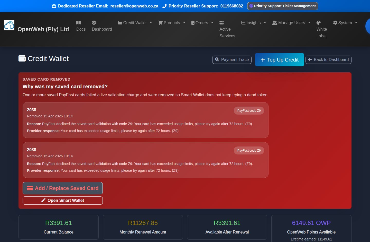 Current OpenWeb reseller panel screenshot: Credit wallet and Smart Wallet