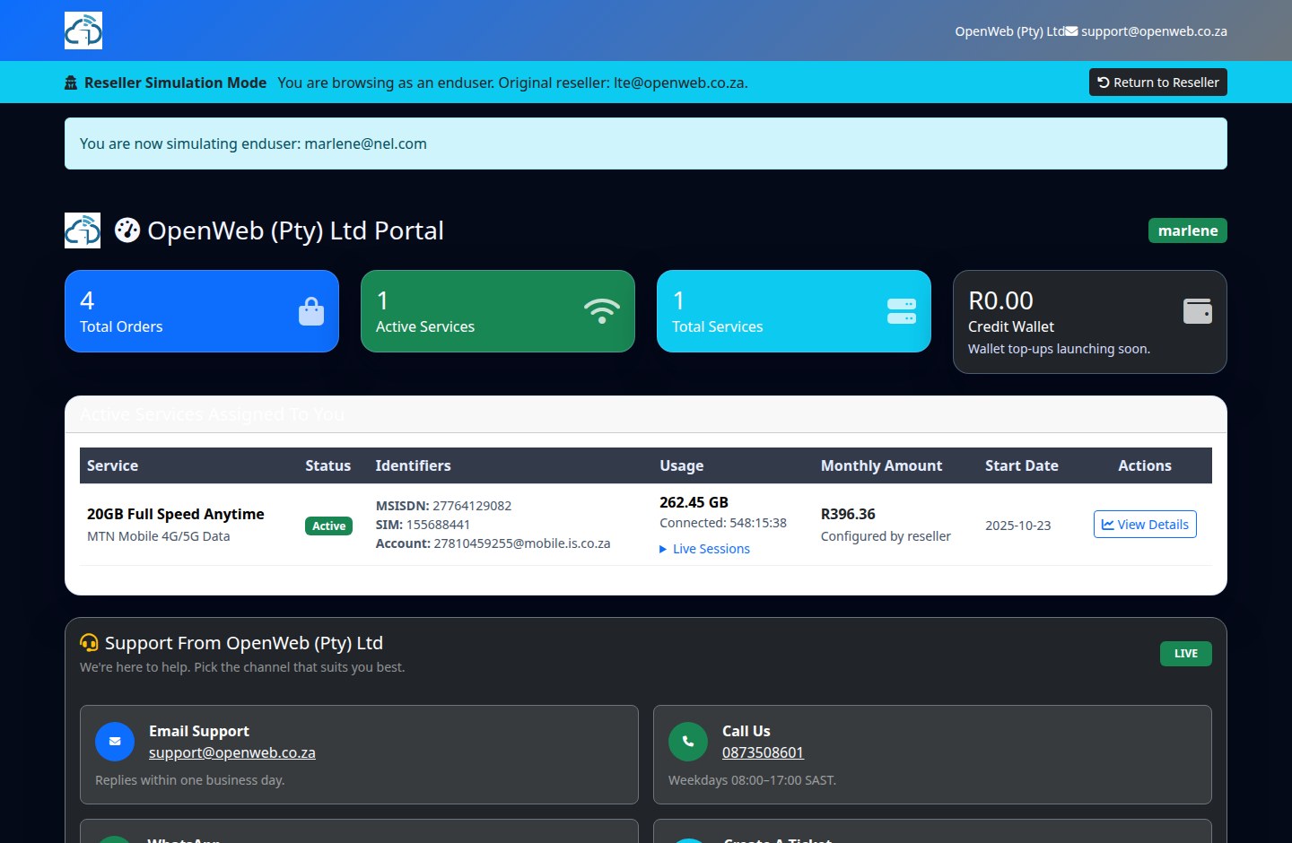 Current OpenWeb reseller panel screenshot: Enduser dashboard