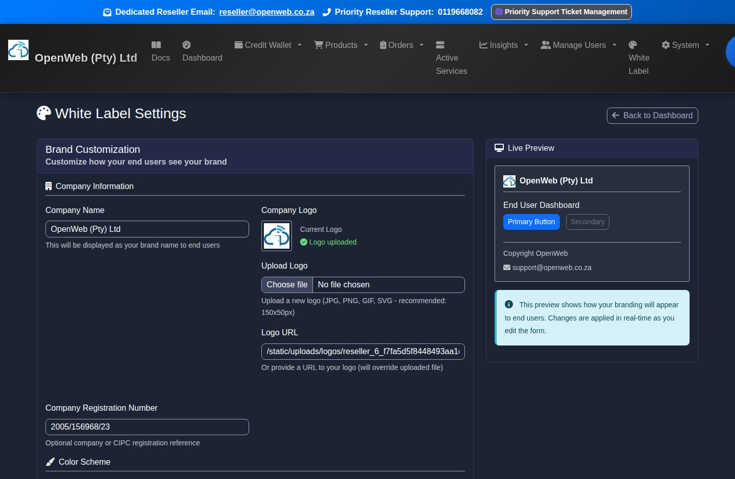 Current OpenWeb reseller panel screenshot: White Label Settings